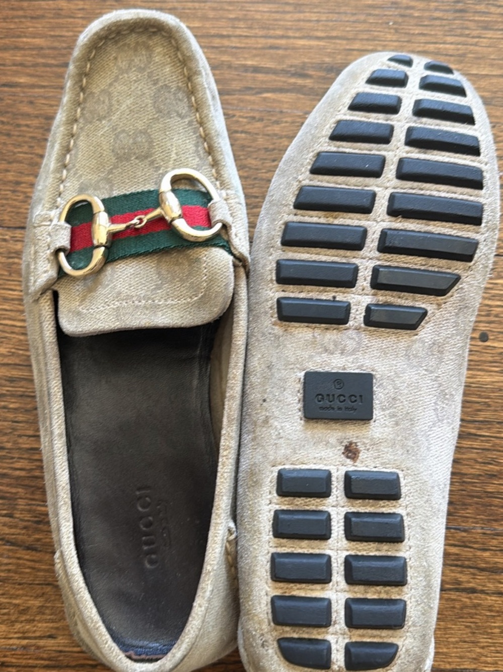 Gucci Beige Suede Horsebit Loafers with Red & Green Web ~ Size 6.5 - Picture 10 of 12